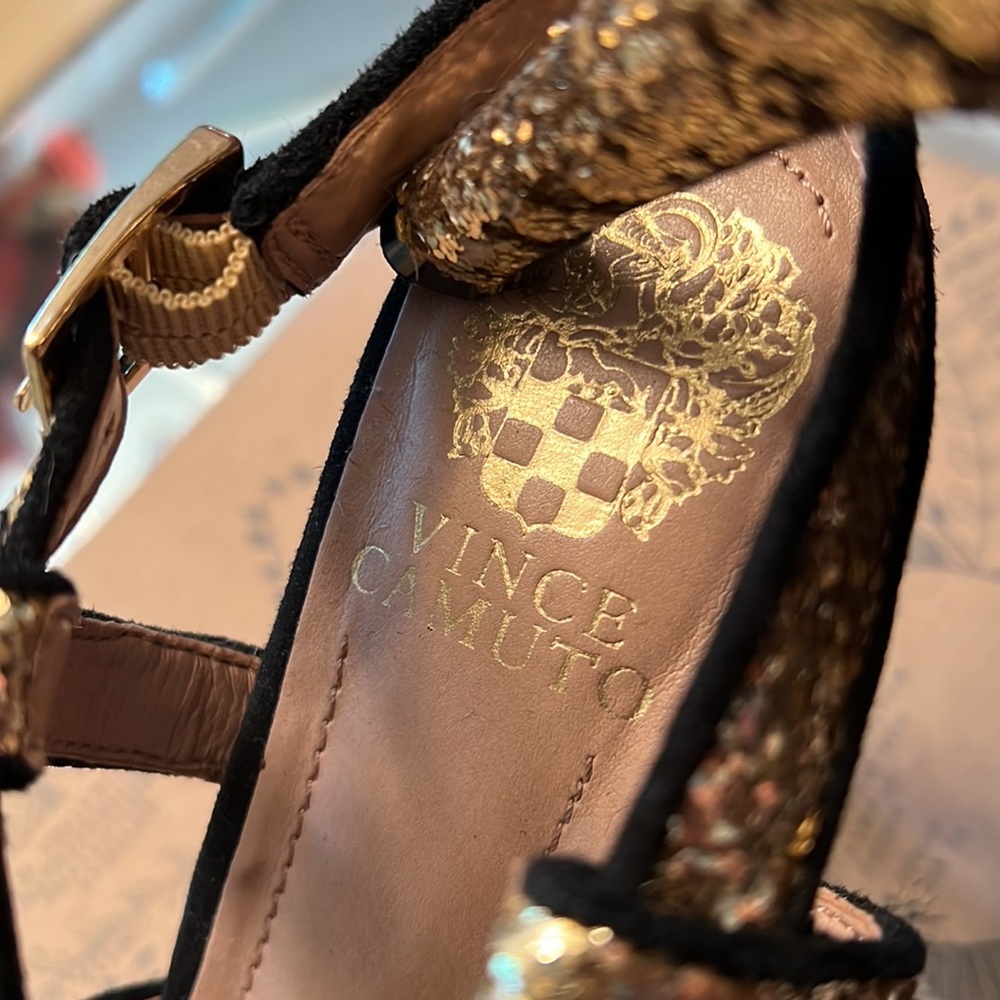 Vince Camuto Padrita Platform Sandals in Gold Glitter & Blk Suede Sz 7 1… - Picture 6 of 16